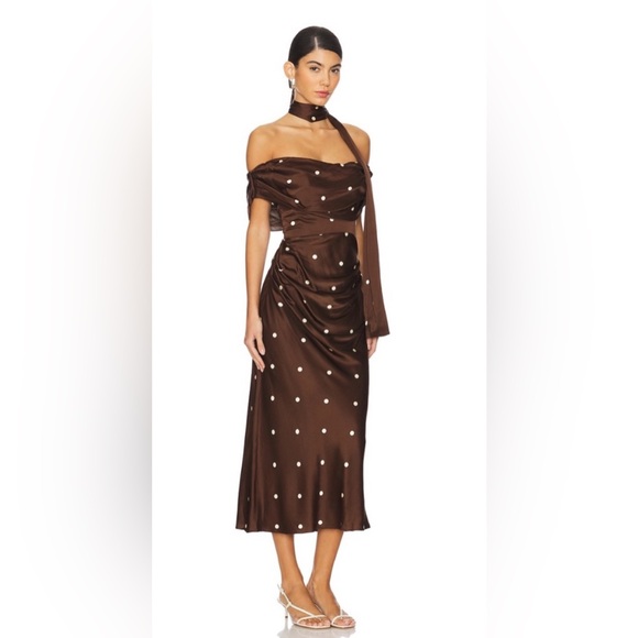 LPA Dresses & Skirts - LPA Luisa revolve Brown Polka Dot Off-Shoulder Midi Dress